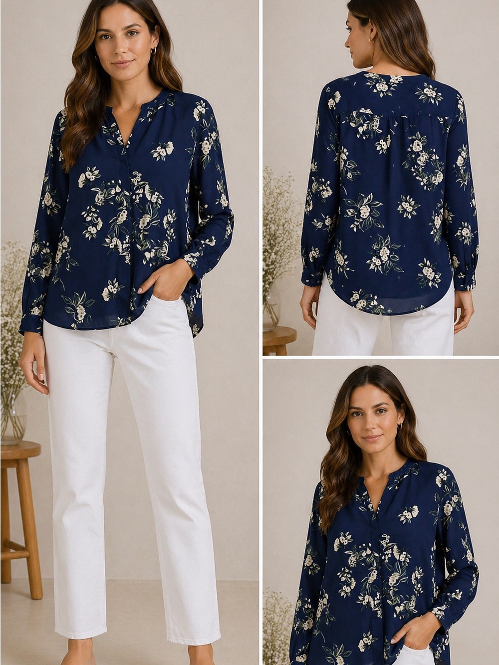 Vince Painted Blooms Hi Low Popover Long Sleeve in Blue Size S